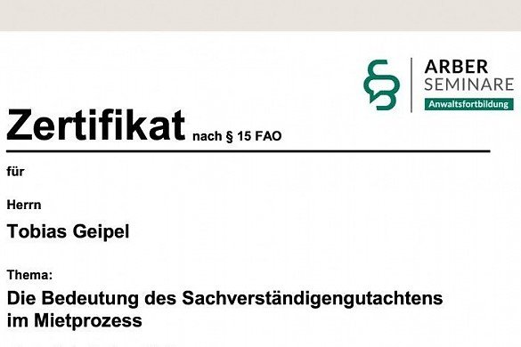 Foto Kontinuierliche Qualifikation an der Schnittstelle von Technik und Recht: Am 20. Oktober 2026 nahm Tobias Geipel an der Fachfortbildung �Die Bedeutung des Sachverst�ndigengutachtens im Mietprozess� (ARBER-Seminare) teil, geleitet von Joachim Seus (Vorsitzender Richter am Landgericht). Im Fokus standen aktuelle Anforderungen an Beweisbeschl�sse, Tatsachenfeststellungen und die gerichtliche Verwertbarkeit.
