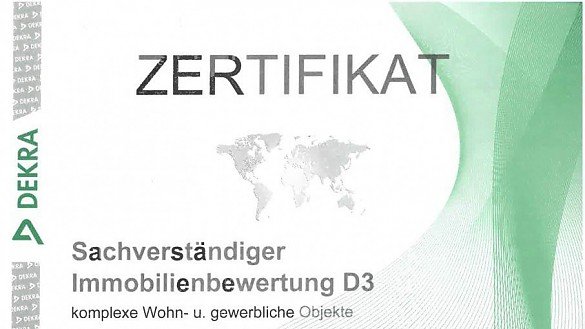 Foto <br/>Die DEKRA Certification GmbH bestätigt mit heutigem Schreiben die erfolgreiche Rezertifizierung. Somit darf auch weiterhin der Titel “DEKRA zertifizierter Sachverständiger für Immobilienbewertung D3 (komplexe Wohn- und Gewerbeimmobilien” getragen werden.<br/><br>